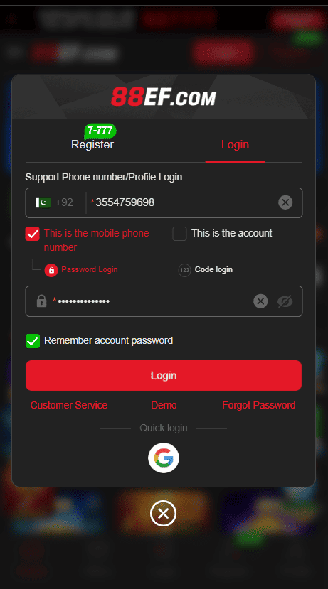 88EF Game login & Register