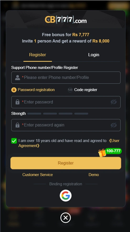 CB777 Game Register and Login