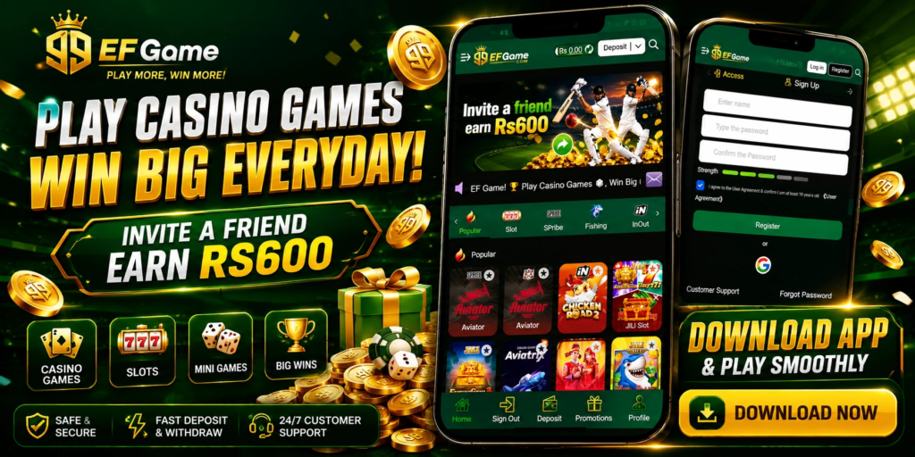 99 EF Game casino login interface with secure sign-in fields, green Login button, Google sign-in, Forgot Password link, and Register Now option.