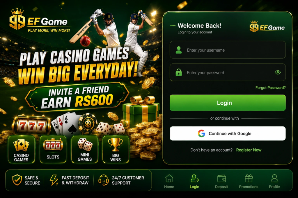 99 EF Game login page showing username and password fields, Google login, registration option, casino game promotions, and green-gold gaming interface.